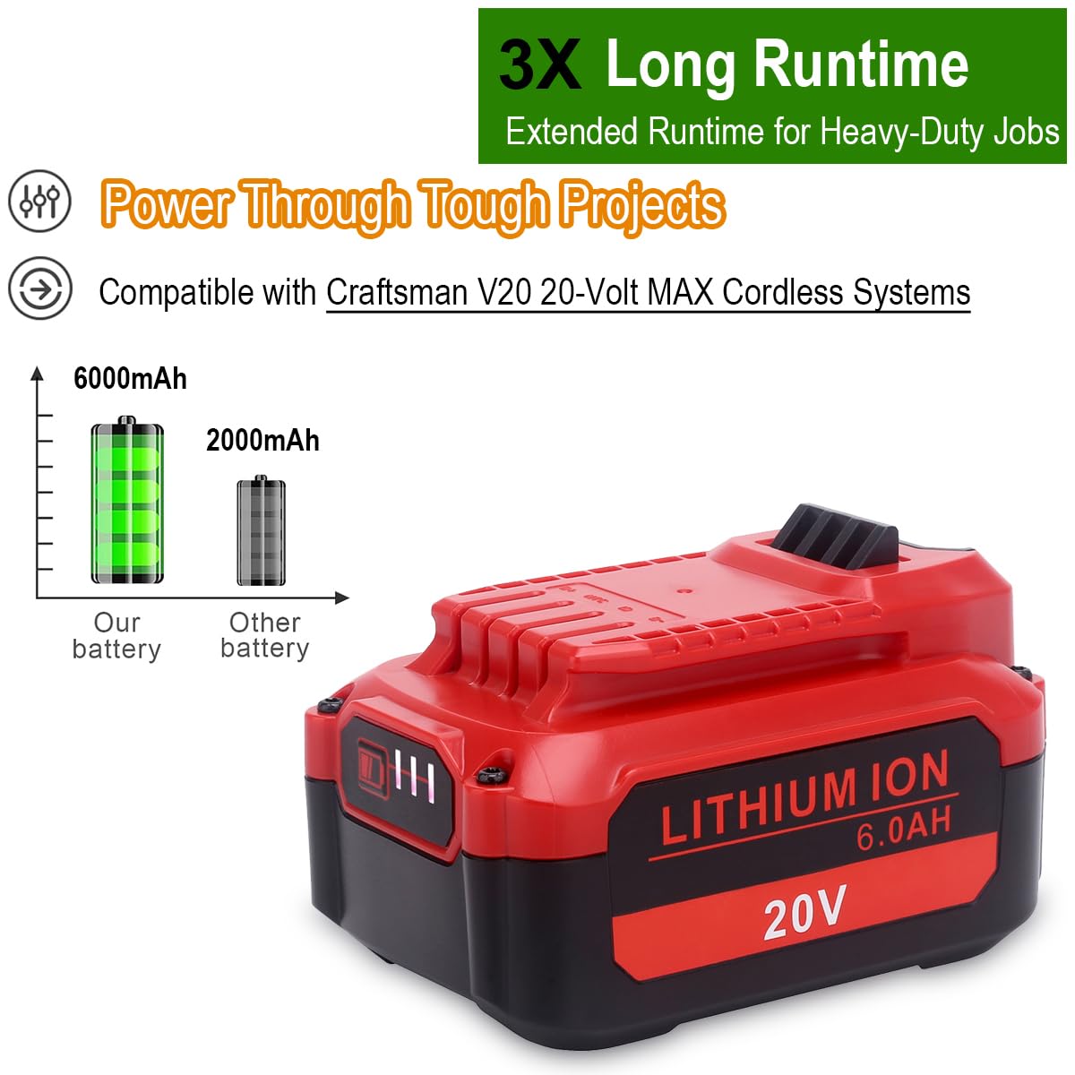 Batteria di ricambio aggiornata al litio da 6,0 Ah 20 V, compatibile con utensili da esterno senza fili Craftsman serie V20, compatibile con batterie Craftsman CMCB206, CMCB204, CMCB202 da 20 Volt MAX