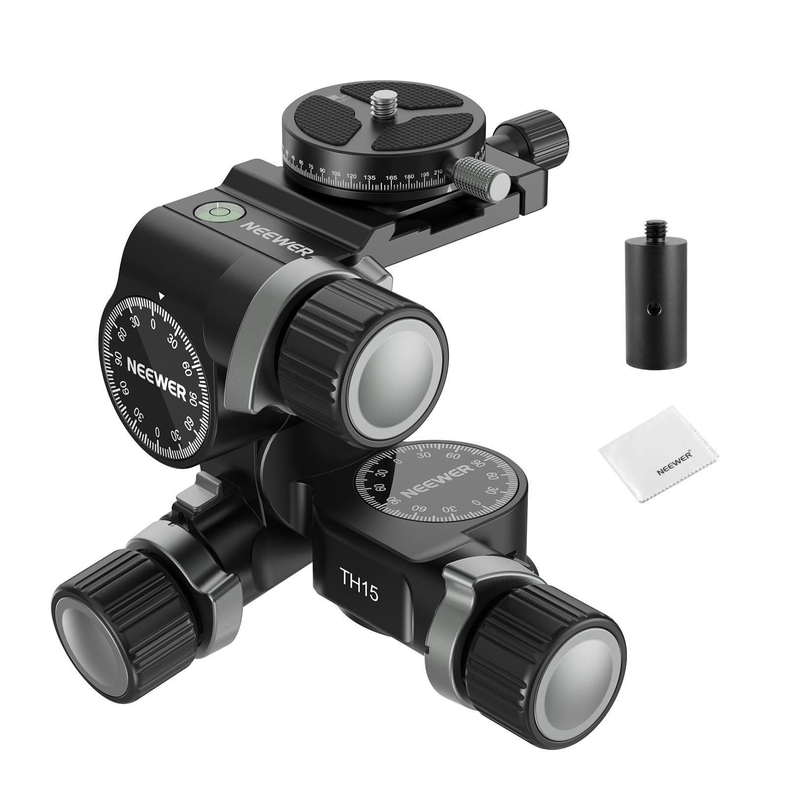 NEEWER TH15 3 Wege Stativkopf mit Getriebe, 3 Achsen Schwenk Neigekopf aus Alu. mit Grob und Feineinstellung, 360°Pan Arca Schnellwechselplatte Millimeter Feineinstellung Reinigungstuch max. Last 6kg