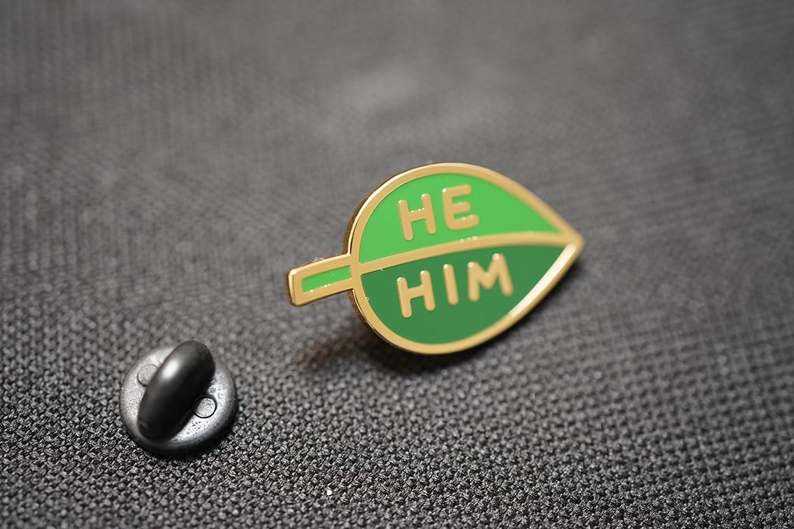 He Him Pronoun Brooch Button Non-Binary Badge Enamel Lapel Pin - Green Leaf NB Pride Genderqueer Gender Identity Pin image 2