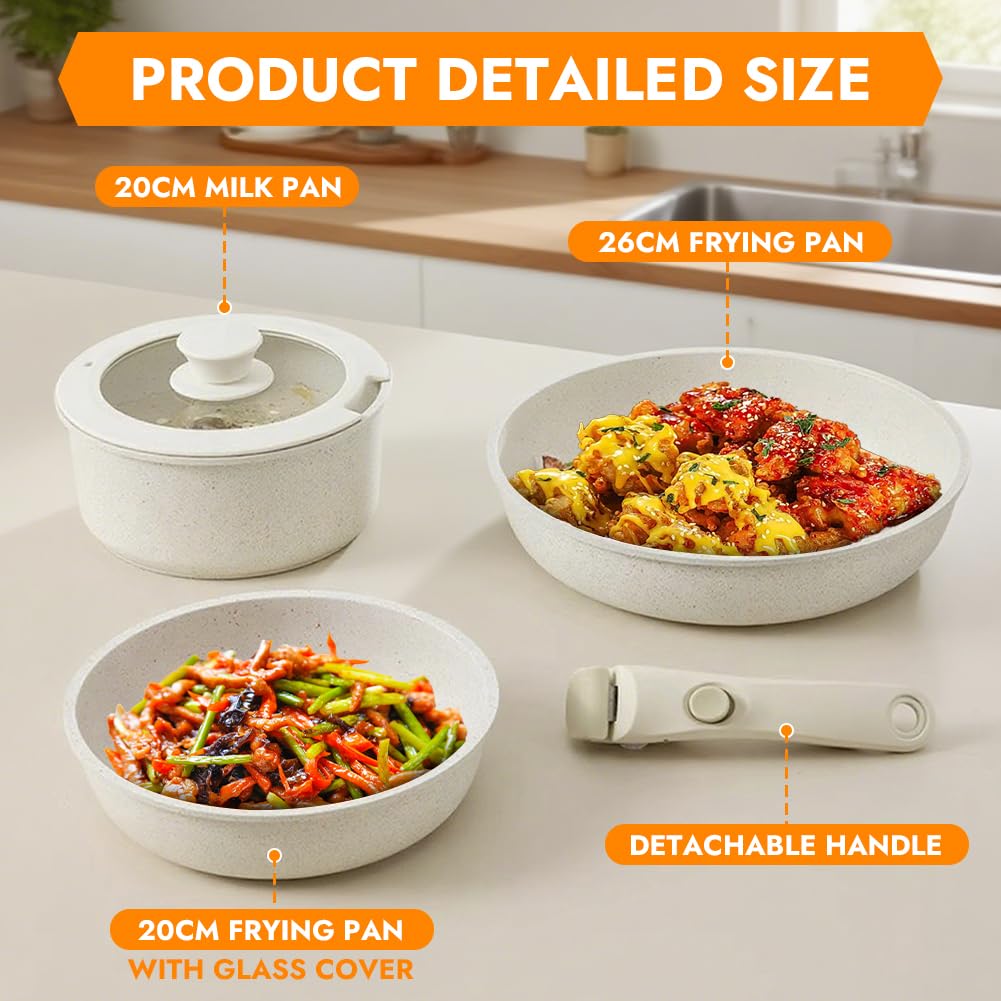 Set de sartenes de cerámica con mango extraíble, juego de 5 piezas (3 sartenes, 1 mango, 1 tapa) juego de sartenes con revestimiento antiadherente, para todo tipo de cocina para freír