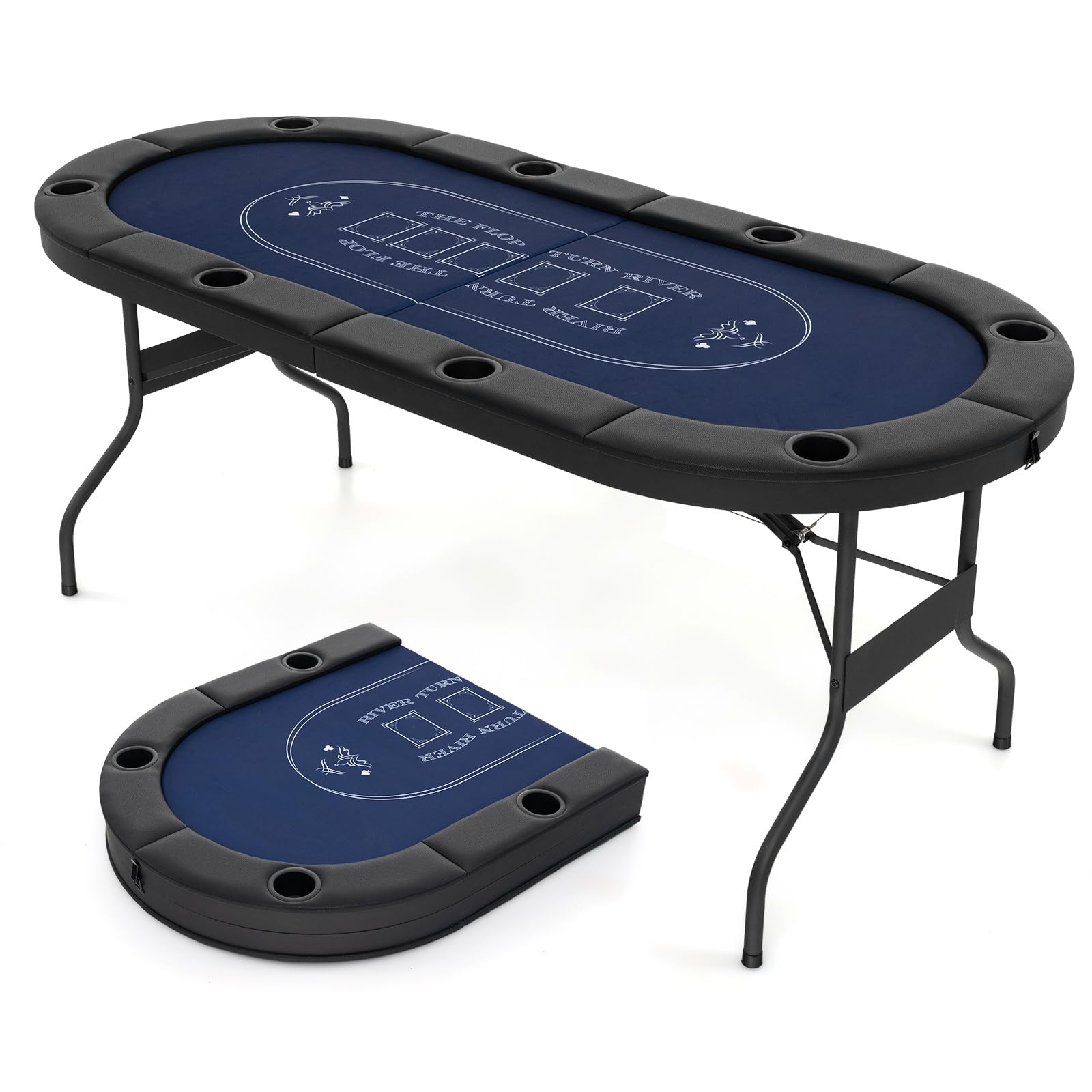 COSTWAY Foldable Poker Table for 8 Players, 182cm Folding Casino Leisure Card Board Game Tables with Metal Cup Holders, Padded Railings, Portable Blackjack Texas Holdem Poker Table (Black+Blue)
