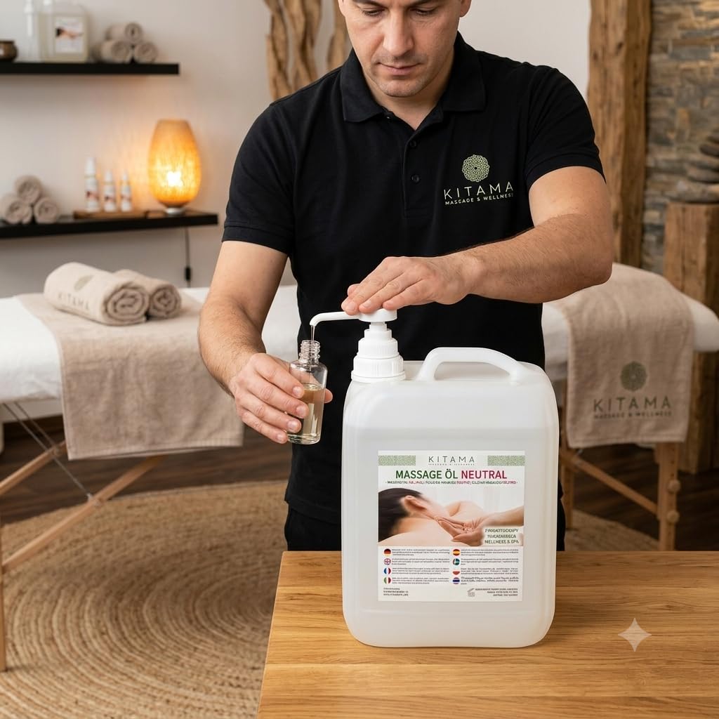 Kitama - Olio per massaggi neutro, 5 litri con pompa di sollevamento DIN 45, olio professionale per fisioterapia, massaggio, tonificante, senza coloranti e conservanti