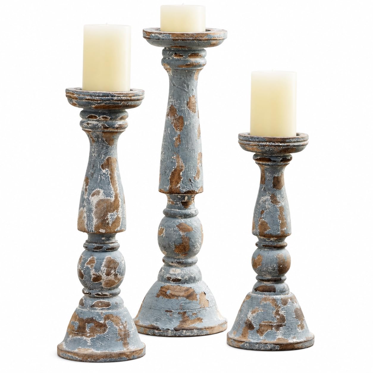 Bougeoirs en bois traditionnels gris délavé pour table de salon
