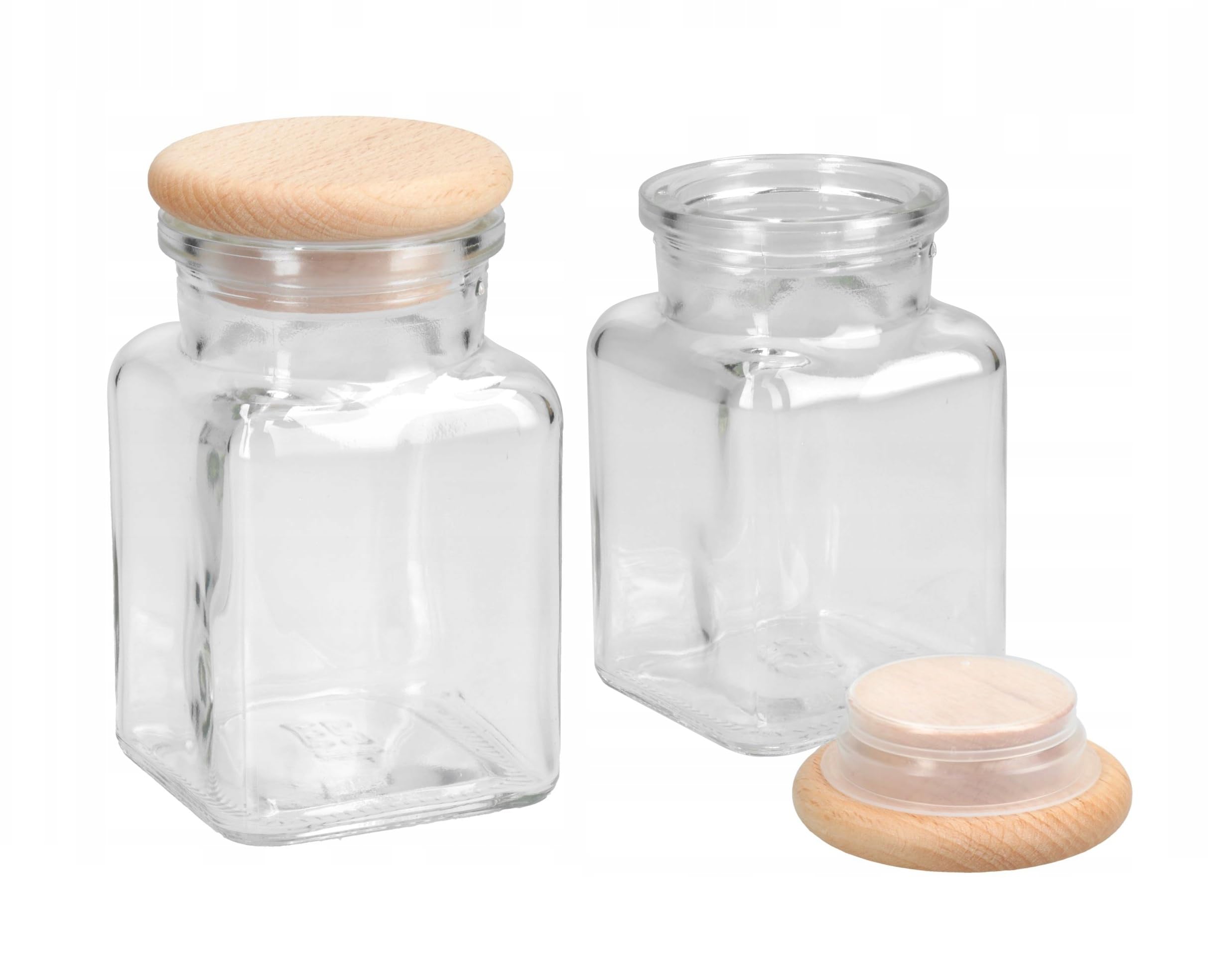Wooden World – 2x Glass Jars with Wooden Lids Square Spice Containers 150 ml