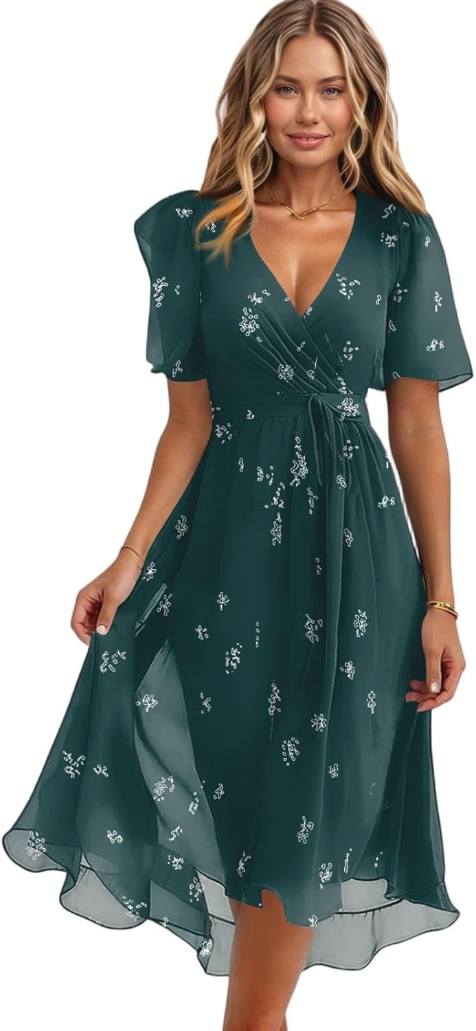 Floral Chiffon Midi Cocktail Dresses for Women 2025 Elegant Classy Summer Beach Flowy Sexy Deep V Neck Wrap Dress