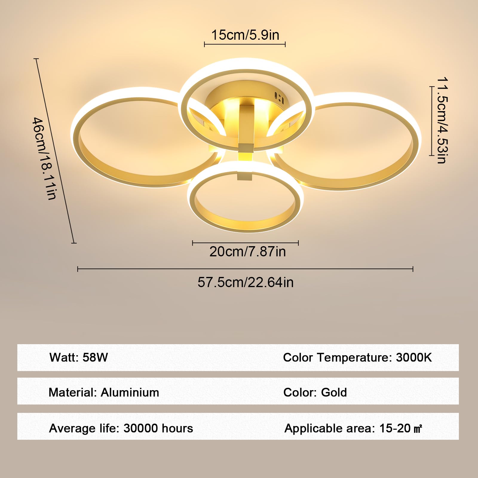 DELIPOP Plafoniere LED Moderno Oro, Lampada da Soffitto 56W 6300LM 3000K | Rotondo Lampadario per Soggiorno, Camera da Letto, Sala da Pranzo