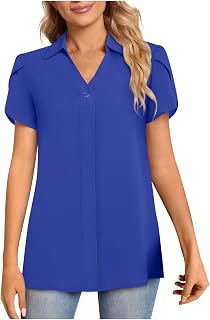 Summer Tops, Soft Nice Short Sleeve Tunic College Spring Oversized V NEC Solid Ruffle Baggy Polyester Tunic