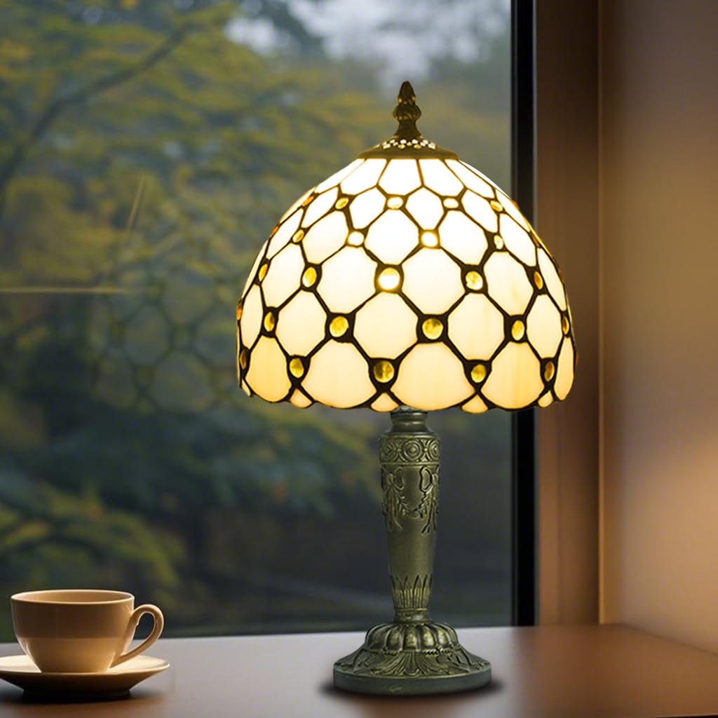 Crefotu Small Tiffany Style Table Lamp, 3 Color Temperatures Bedside Lamp, 8 Inch Stained Glass Desk Light for Home Office Bedroom Living Room (White Bead Curtain) — image 1