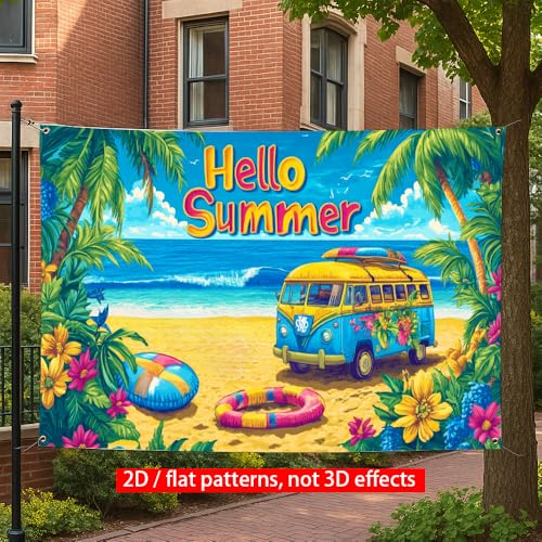 Image of 71x43 Inch Hello Summer Banner Beach Retro Camper Van Backdrop Tropical Ocean Yard Decorations Seasonal Outdoor Decor Fence Sign
