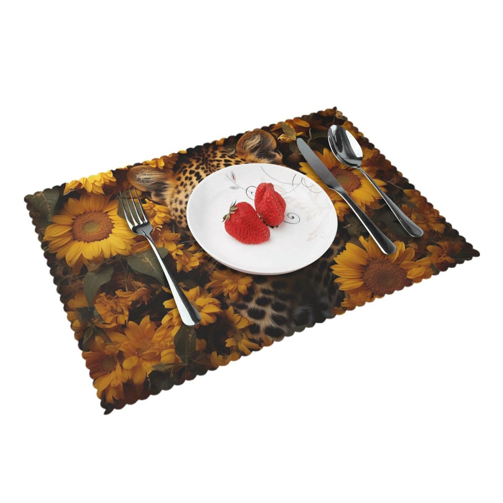 Placemats Set of 4 Heat Resistant Woven Place Mats for Dining Table Leopard and Sunflower Placemats Washable Wipeable PVC Table Mats Indoor/Outdoor Place Mats for Party Kitchen Decor 30x45 cm