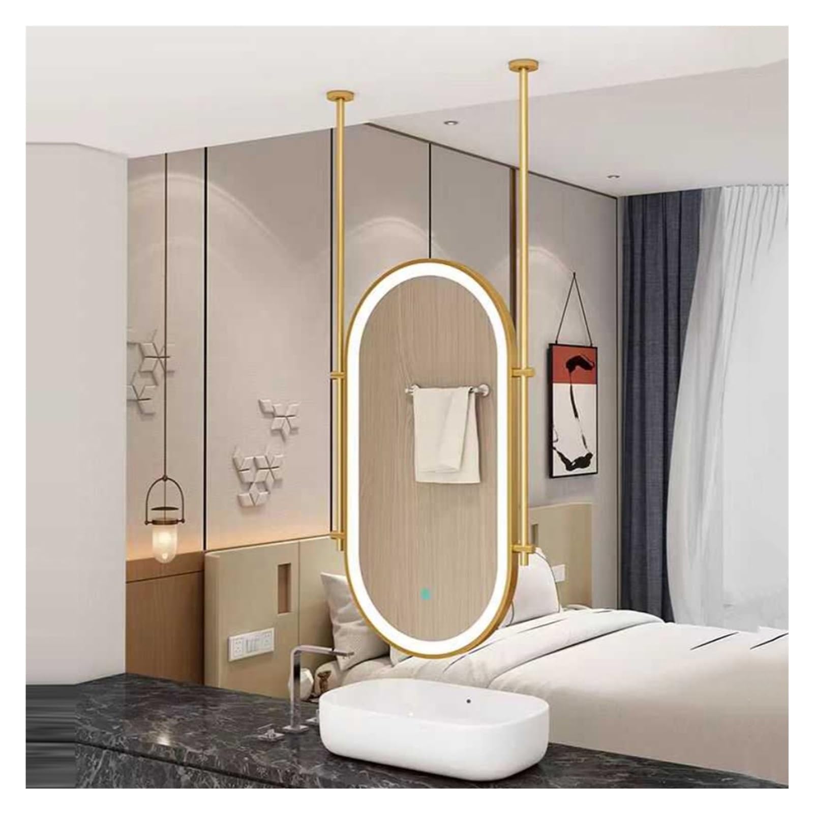 MESOVFCA Oval Ceiling Mirror with LED Lighting, Vanity 3 Dimmable Colors, Suitable for Hotels and Apartments(Gold,60x90cm)