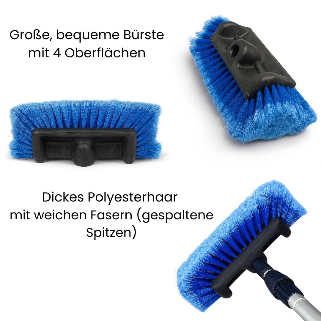 Autowaschbürste mit Teleskopstiel von 150-250 cm mit Wasseranschluss – Profi Waschbürste mit 4-Seiten-Kopf, weichen Borsten, Durchflussregulierung – ideal für LKW, Transporter, Haus & Garten