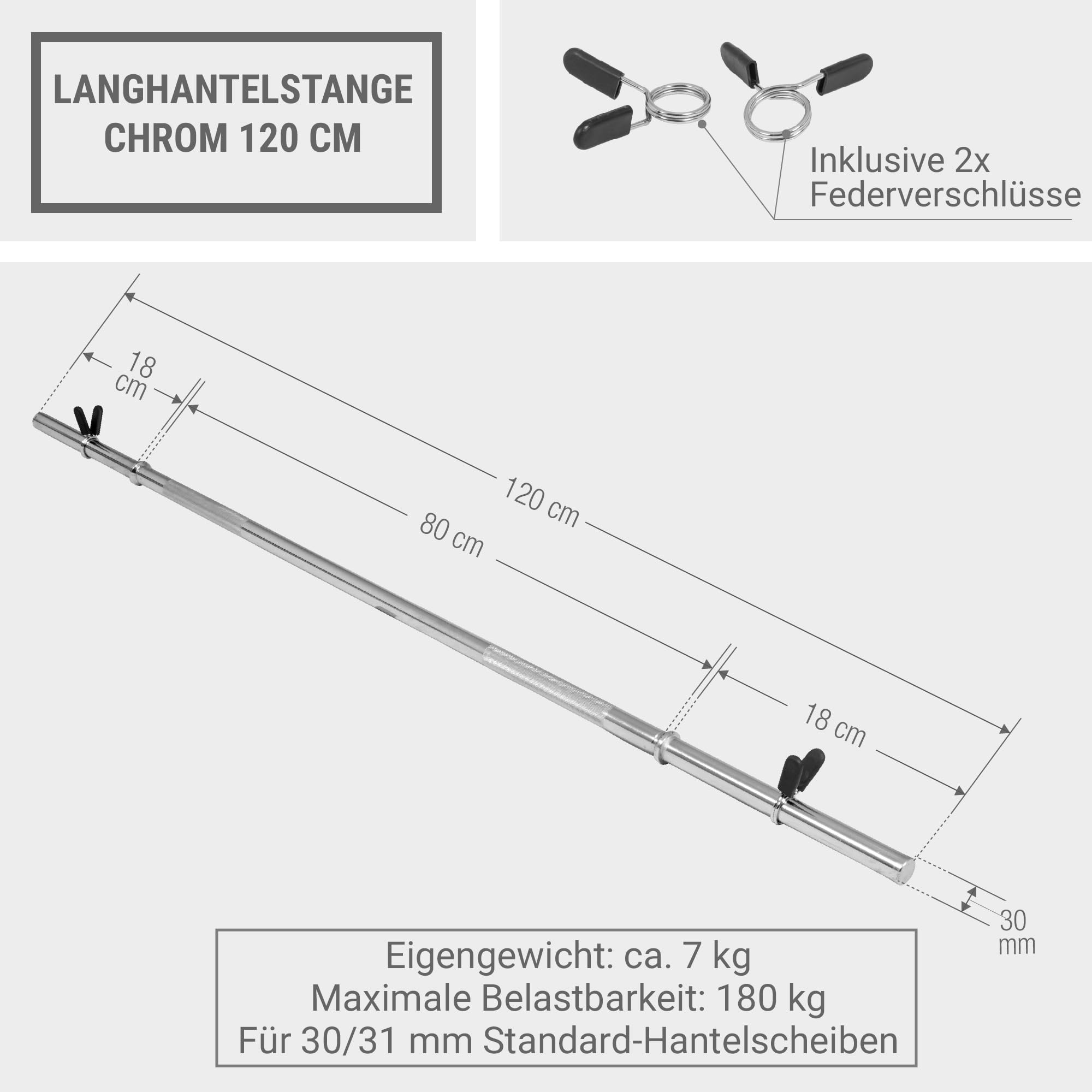 GORILLA SPORTS® Barre d'haltère longue - Diamètre : 30 mm - Longueur : 120 cm / 150 cm / 170 cm - Avec 2 fermetures à ressort, charge jusqu'à 200 kg - Chromé