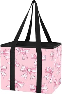 Qilmy Pink Bows Ribbon Trunk Organizer for Women Men, Waterproof Collapsible Car Organizers and Storage with Reinforced Handles & Removable PE Board for SUV Sedan Truck, Multi-Purpose Storage Tote Bag