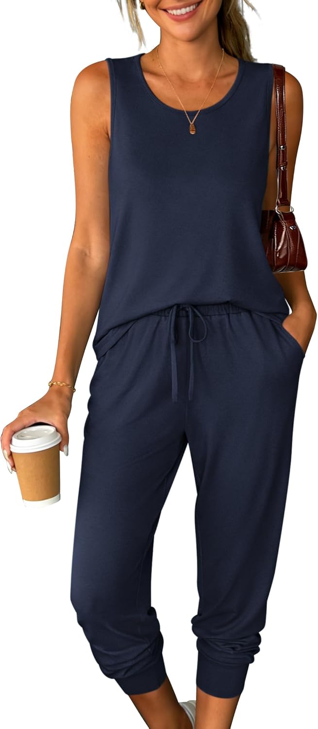 Womens Two Piece Lounge Sets 2026 Summer Sleeveless Outfits Crewneck Tank Tops Joggers Pants Travel Loungewear