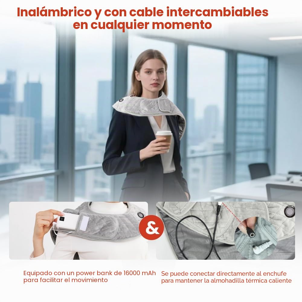 Manta Electrica Espalda y Cuello, Almohadilla térmica inalámbrica Portátil con batería externa de 16000 mAh, Para Aliviar el dolor de cuello y hombros, 3 niveles de temperatura y apagado