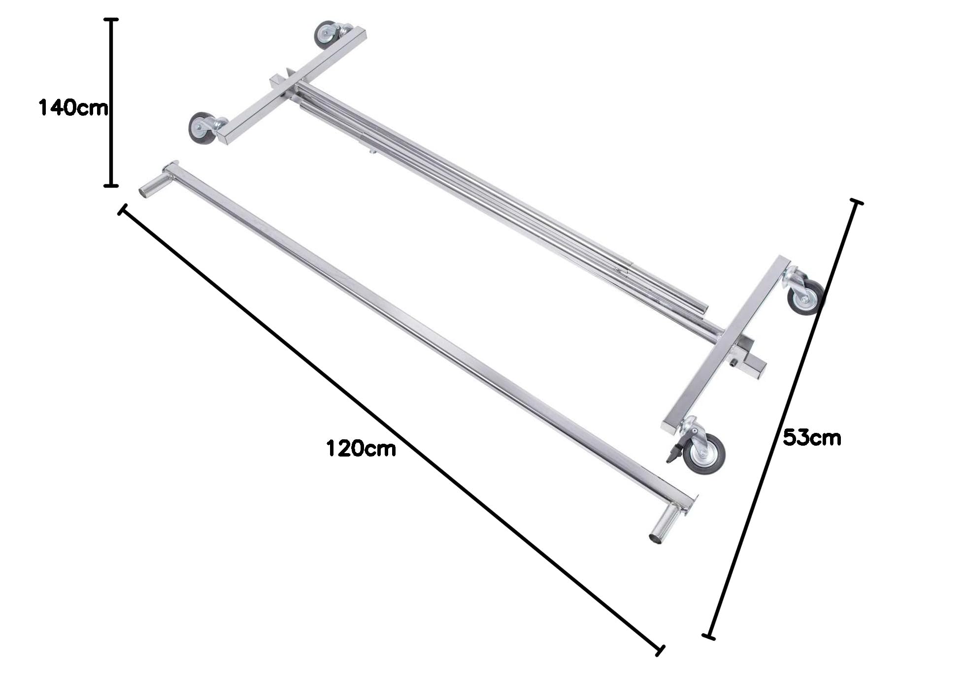 goodsforbusiness GmbH Rollständer Kleider-Transportständer klappbar H120-190 x B140-220 x T53cm, in der Höhe u. Breite verstellbar | Zusammenfaltbarer Kleiderständer verchromt, 80mm Rollen