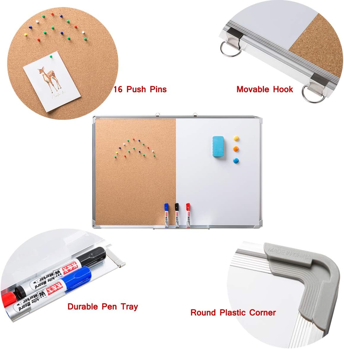 Marble Field 36" x 24" Magnetic Whiteboard & Cork Board Combo Board Set, Wall Mounted Notice Bulletin Board Dry Erase/Cork Board Combination with Aluminum Frame