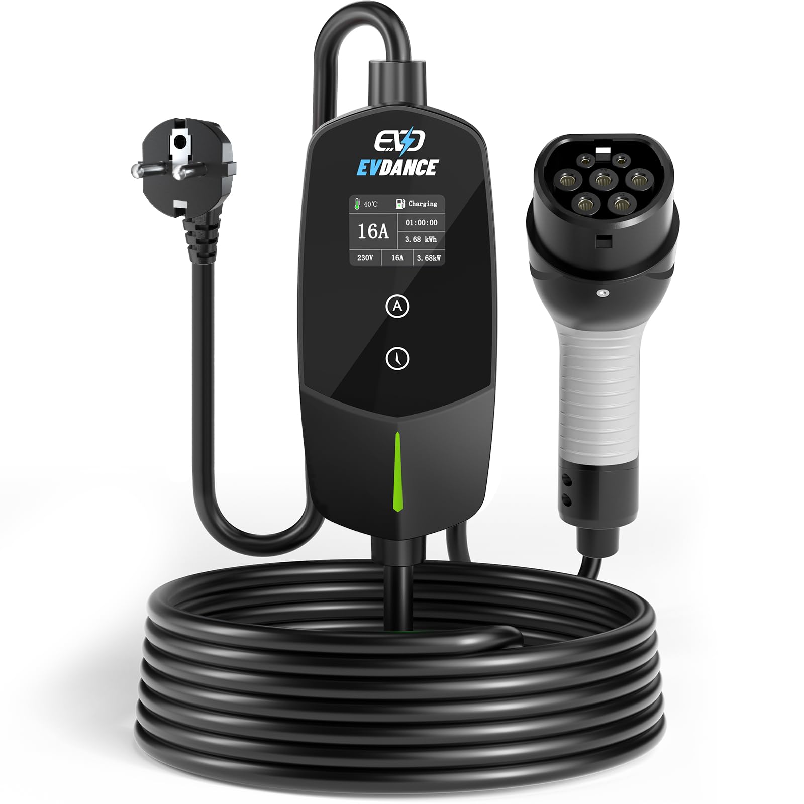 EVDANCE Chargeur Voiture Electrique 3,68KW, 6-16A, 0-12h Programmable, 6,1m | 6-16A Intensité Réglable, 0-12h Charge Différé, Câble Recharge Voiture Électrique Type 2, Étanche IP66, pour EV IEC 62196-2