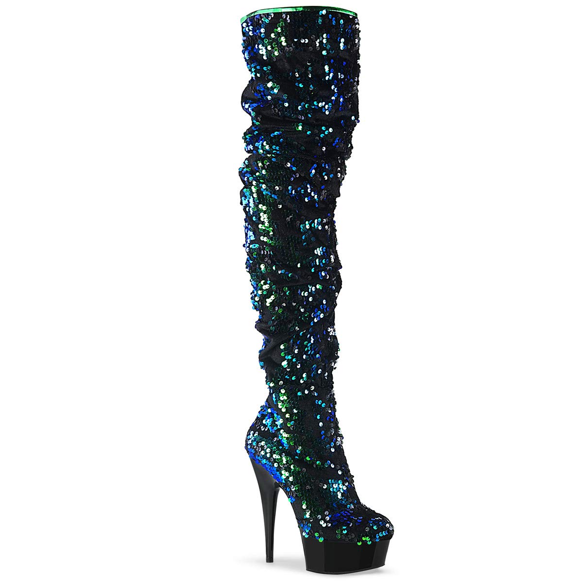 Pleaser Damen DELIGHT-3004 Plateau High Heels Overknee Stiefel Pailletten Grün