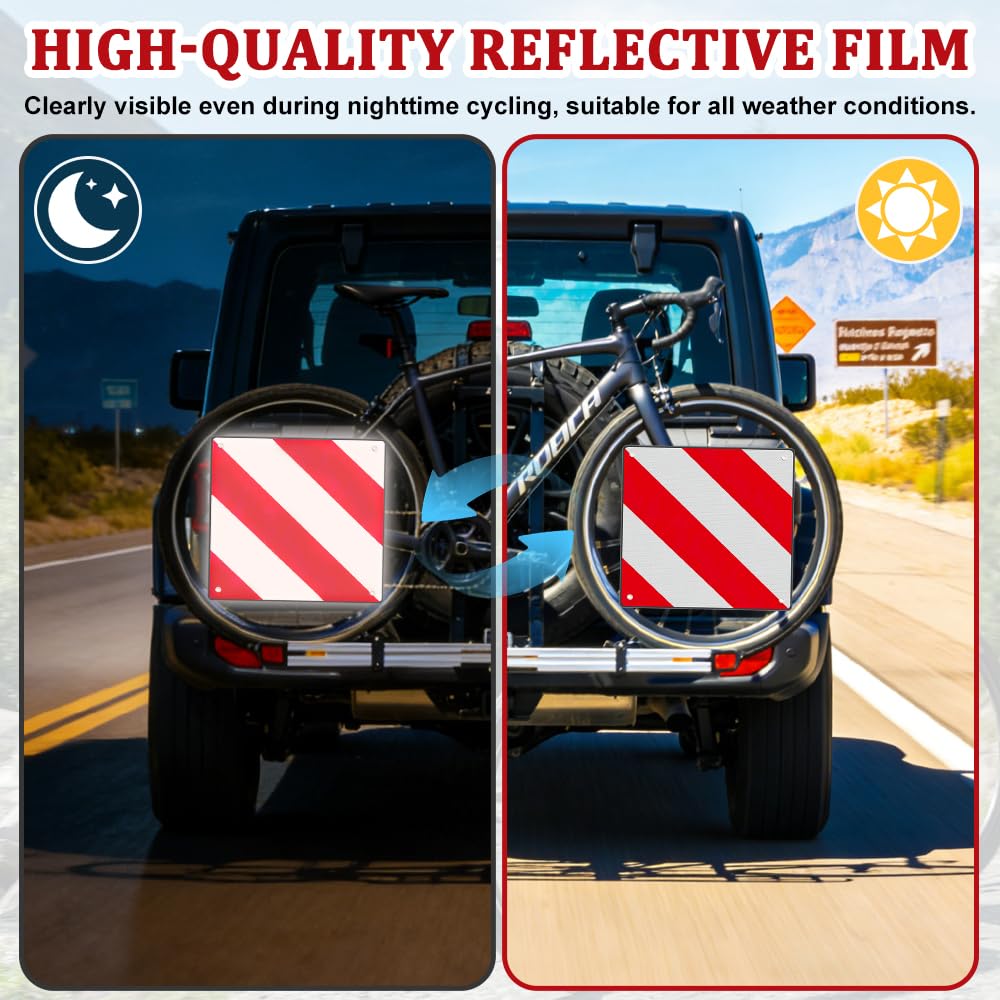 2 in1 Señal de Advertencia Italia y España, 2 Piezas Señal Reflectante de Advertencia Rojo y Blanco incluye 4 Tirones para Portabicicletas, Autocaravana, Caravana, Coche (50 x 50 cm)