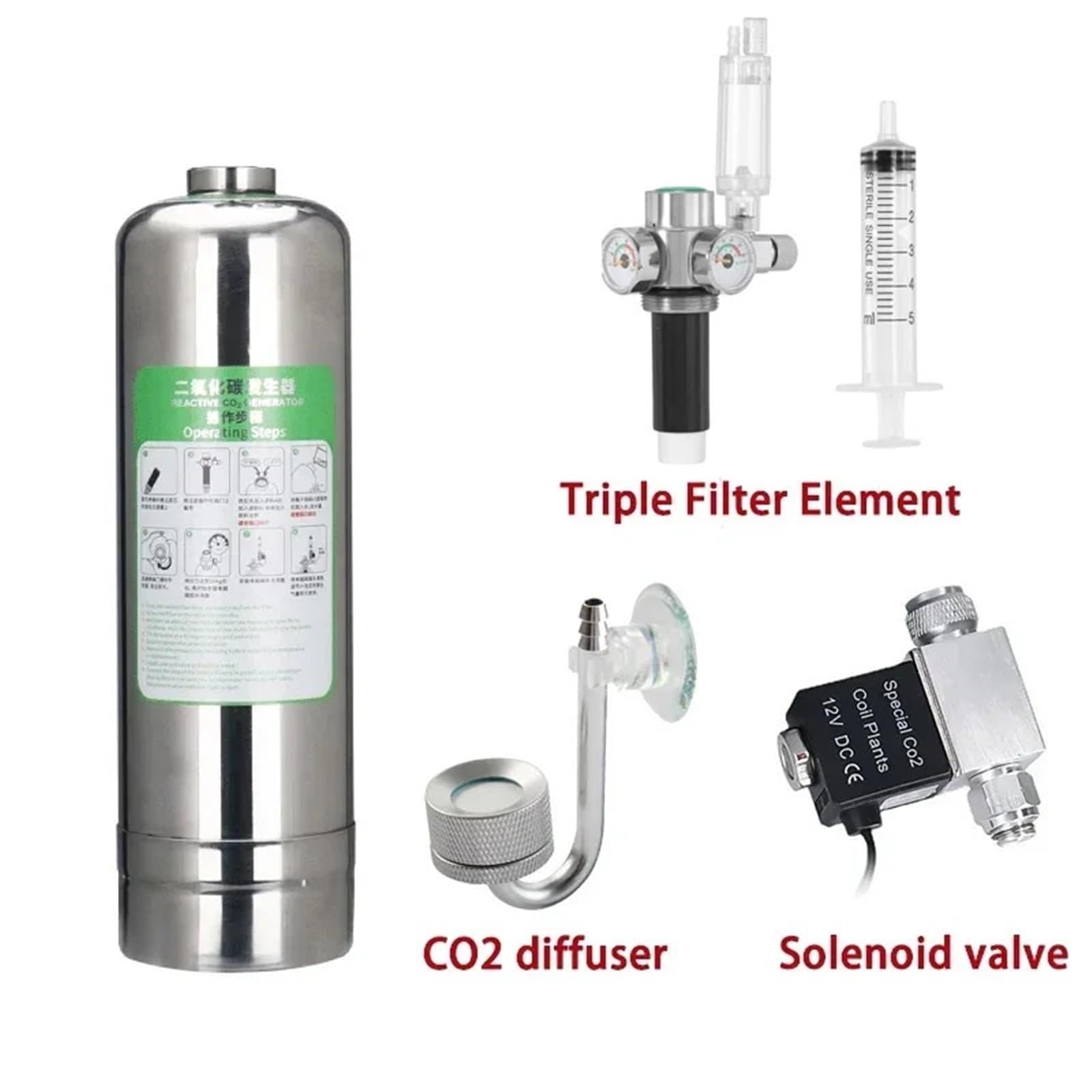 Generatore di CO2 for Acquario con valvola solenoide, diffusore Bolle in Acciaio Inossidabile, Sistema for for Piante acquatiche(1L Set,US Plug 110V)