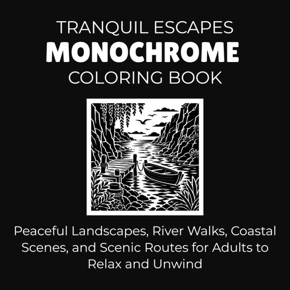 Tranquil Escapes Monochrome Coloring Book: Peaceful Landscapes, River Walks, Coastal Scenes, and Scenic Routes for Adults to Relax and Unwind (Peaceful Monochrome Moments)