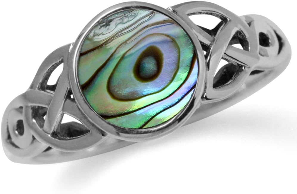 Silvershake Abalone Paua Shell Inlay 925 Sterling Silver Triquetra Celtic Knot Solitaire Ring