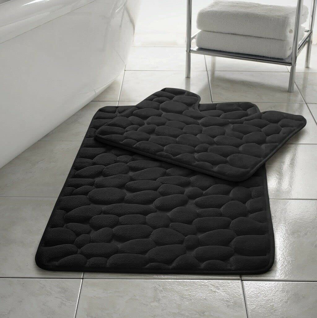 Homespace Direct Pebbles Non- Slip Memory Foam Bath Mat / Toilet Mat Set Pebbles Non- Slip Black
