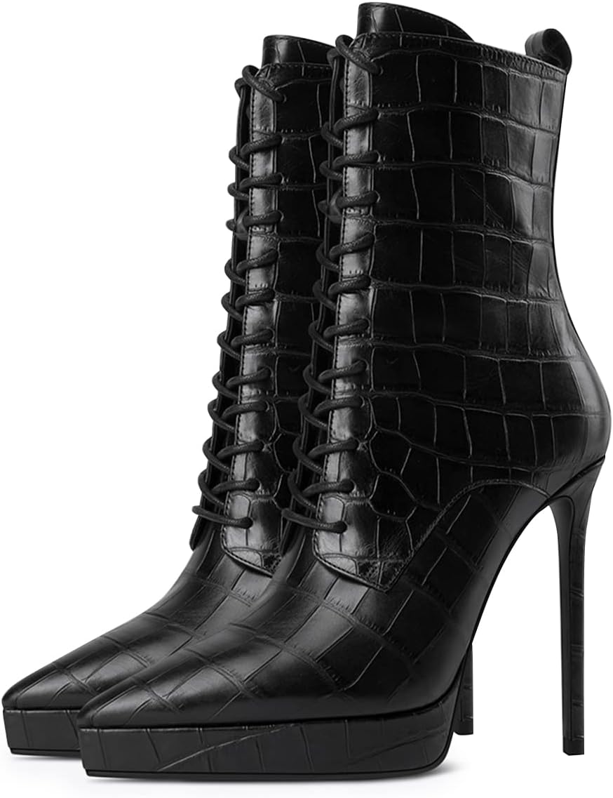 FSJ Women's Platform Boots Stiletto High Heels Booties Lace Up Victorian Side Zipper Pointed Toe Mid Calf Ankle Boots Winter Sexy Dress Evening Short Boots Shoes Size 4-15 US