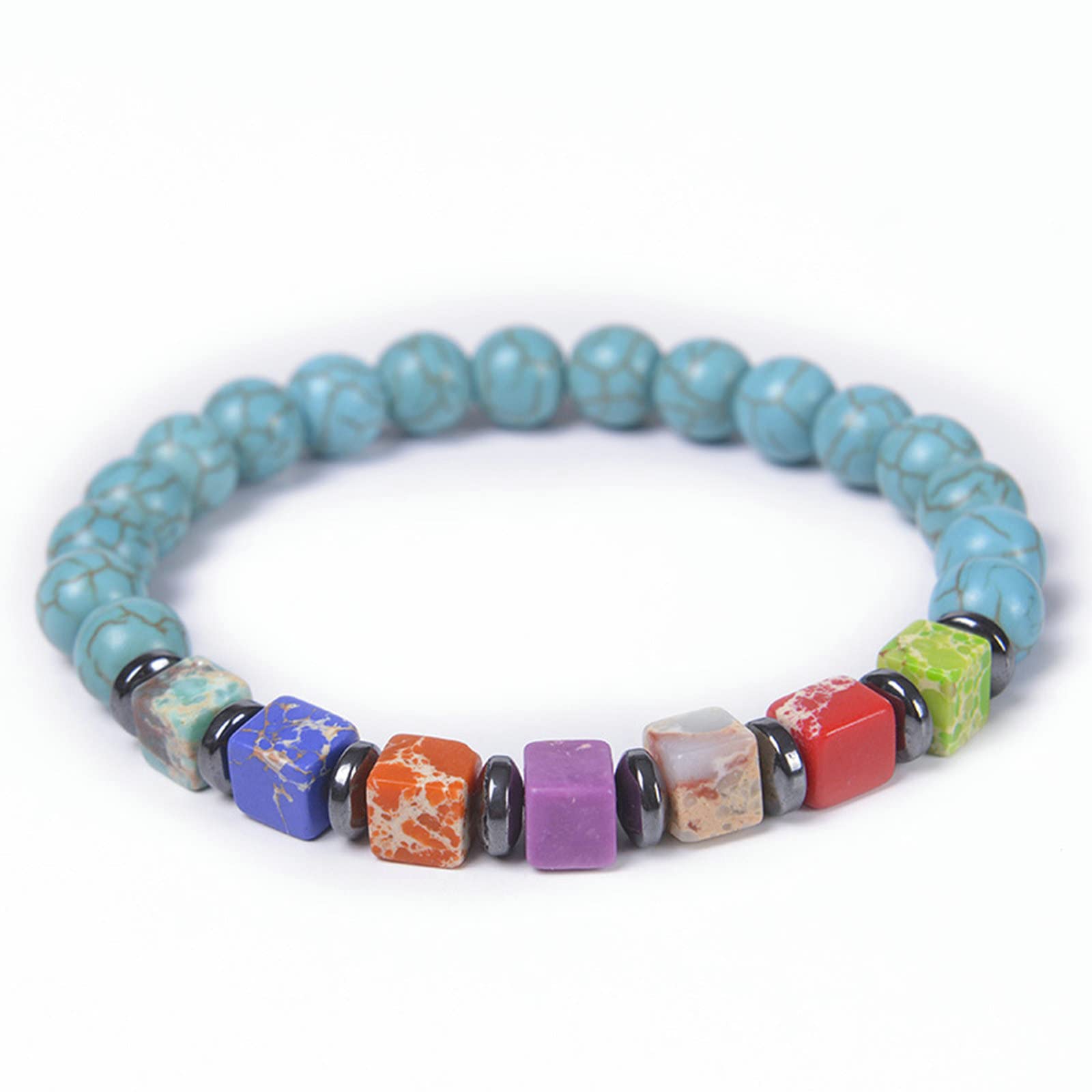 QHQQXN MOCHAMIK Chakra- für Damen, 8 mm Stein mit bunten quadratischen Perlen, elastische Armbänder, 16,7 cm