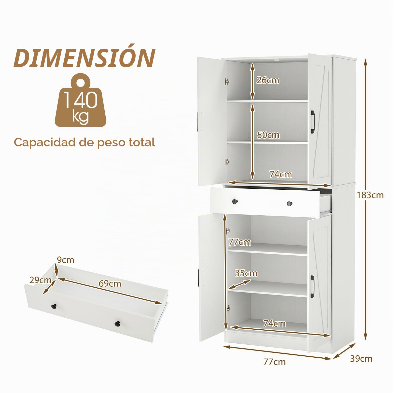 KOMFOTTEU Aparador de Cocina Alto, Armario Buffet con 4 Puertas, Cajón y 3 Estantes Ajustables en 5 Posiciones, Alacena de Almacenamiento con Dispositivo Antivuelco, 77 x 39 x 183 cm, Blanco