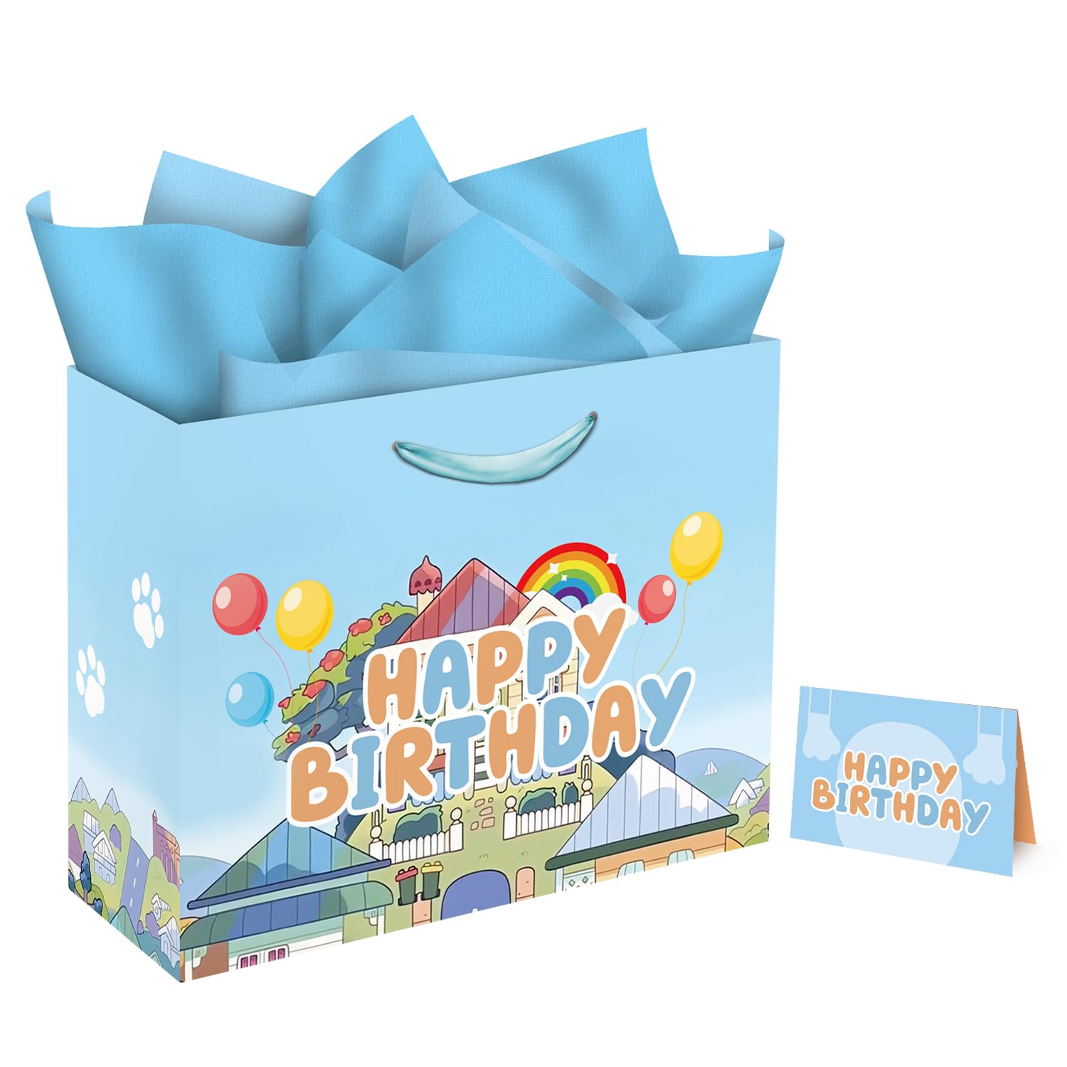 13" Large Cartoon Blue Dog House Party Supplies Gift Bag Set with Greeting Card and Tissue Papers, Blue Dog Theme Happy Birthday Gift Bags for Party Celebration Birthday Decorations