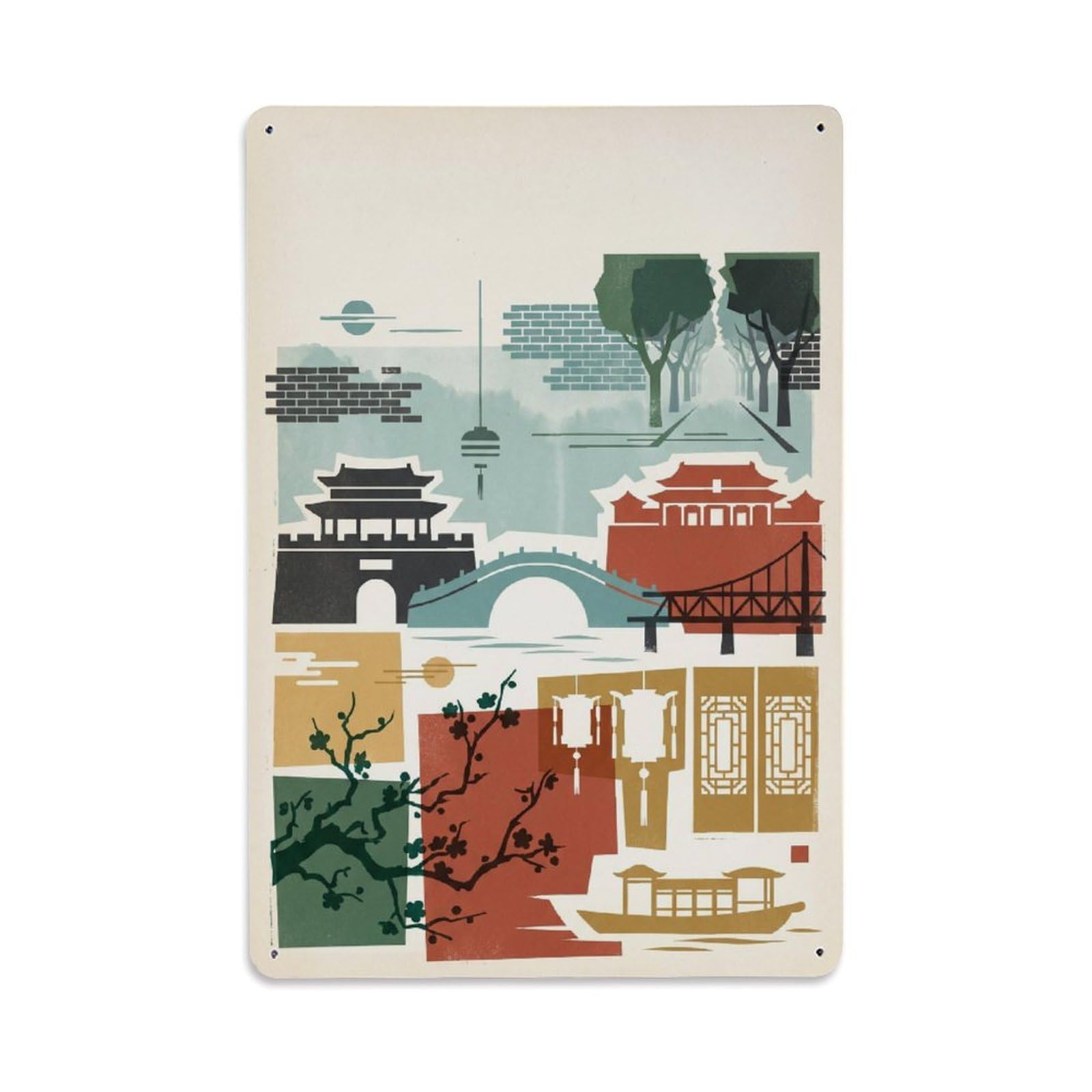 China Nanjing Aesthetic Travel Local Culture Cityscape Metal Tin Sign Plaque Wall Decor for Cafe, Man Cave, Club Bar, Office, Home Garden Round Metal Poster 8x12Inch