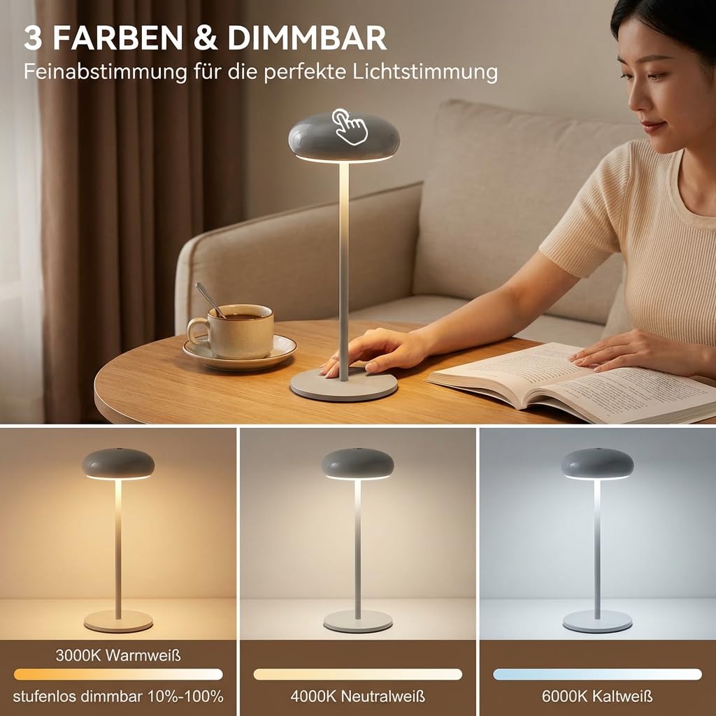 Kabellose LED Tischleuchte Akku Tischlampe Pilz Lampe Dimmbar | Touch Ohne Kabel Nachttischleuchte USB Aufladbar Batterie Nachtlampe Dekorative für Schlafzimmer Bar Restaurant Grau
