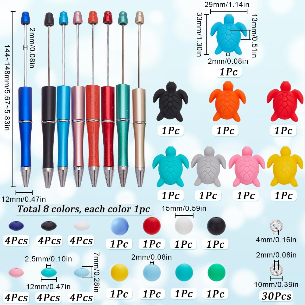 SUNNYCLUE DIY 8 Sets Silicone Pen Kits Bead Pens Bulk Beaded Pen Ocean Ball Point Pen Summer Sea Turtle Silicone Beads Rhinestone Spacer Beads Beadable Pens for Teachers Students Gifts Office School - Image 2