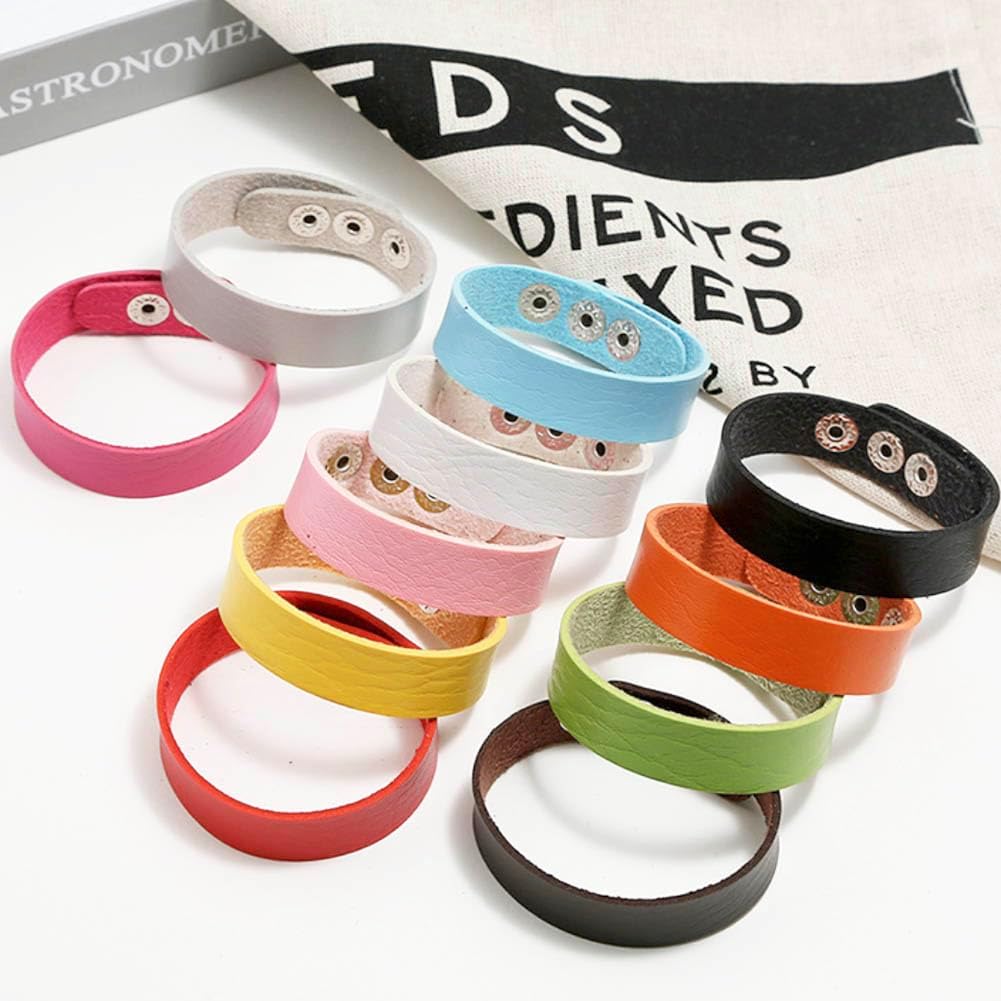 20 Pack Faux Leather Bracelet Blank Snap Bracelets Colorful Adjustable Plain PU-Leather Wrist Cuffs for Men Women DIY Craft Wristbands