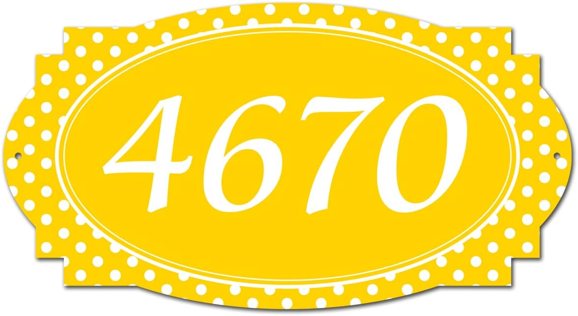 VWAQ Personalized Polka Dots Aluminum Plaque House Address Number Sign - Single Sided and Reflective Pre-Drilled Holes - AS3S10 Horizontal (Yellow)