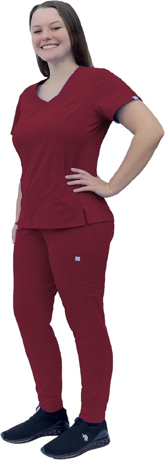 ANGIE UNIFORMS PREMIUM Jogger Scrubs for Women Set. Side Spandex 2 Pockets Top/Tapered Leg Jogger Pants. Soft and Stretchy.