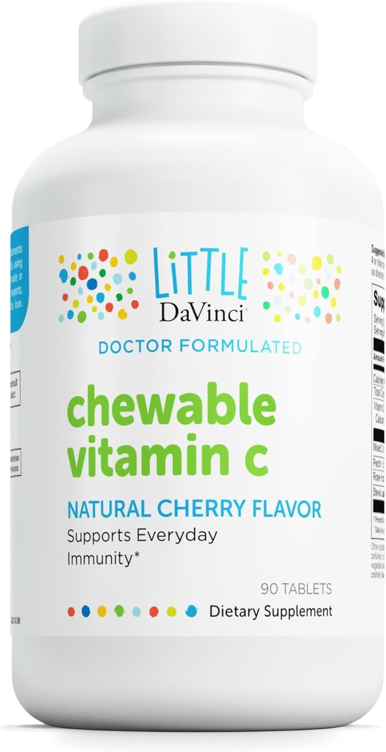 DAVINCI Labs Chewable Vitamin C - Kids Vitamin C Supplement to Support The Immune System, Healthy Skin and Overall Wellness - with Pectin, Rose Hips and More - Cherry Flavor - 90 Chewable Tablets
