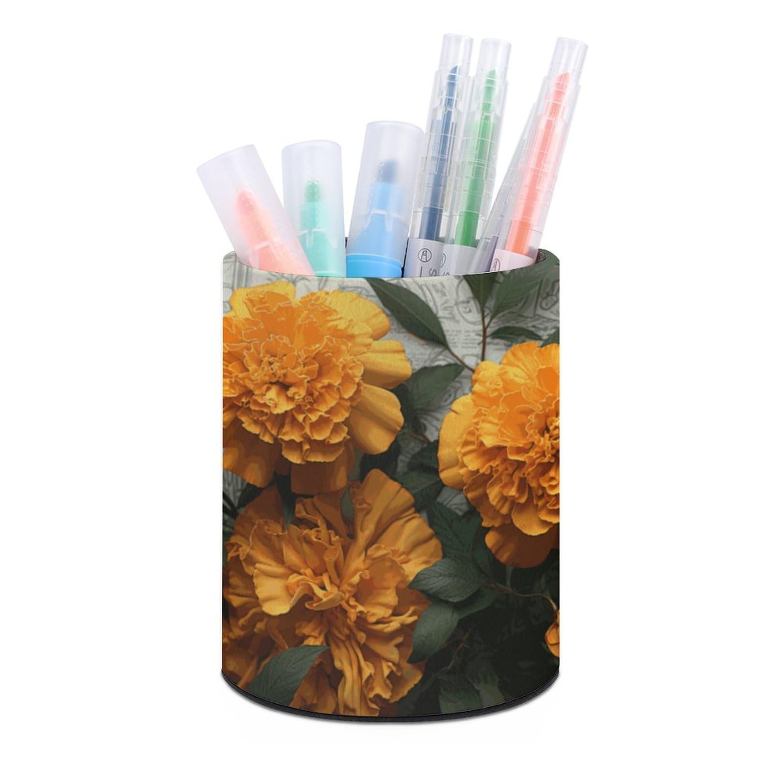 VstaDank Marigold Pen Holder PU Leather Pencil Cup Minimalist Desk Pencil Holder Round Make Up Brush Organizers For Office Dorm Room&Vanity Desk Accessories