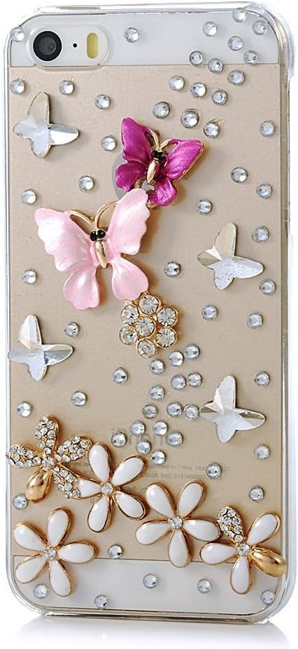 iPhone 5 Case, Charm Of Diamonds Bling Butterfly Handmade Unique Design Clear Case For Apple iPhone 5 5S 5G Hard Plastic Crystal Diamond Flowers Back Cover Protective Rhinestone Phone Skin