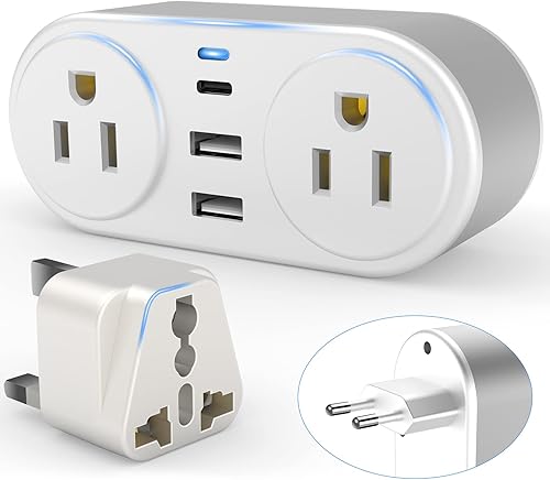 Adaptador de enchufe de viaje europeo para Europa y Reino Unido, enchufe de alimentación internacional con 2 tomas de corriente alterna y 3 puertos