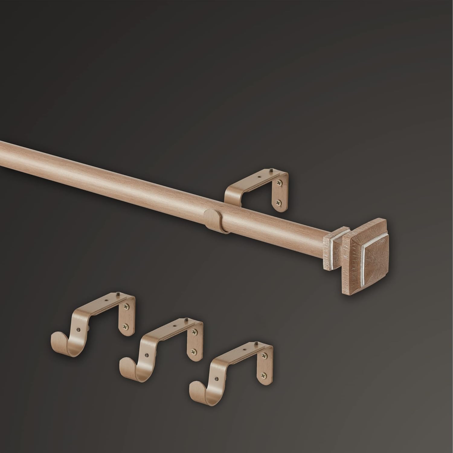 MODE Farmhouse Collection 1 1/8" Diameter Curtain Rod Set with Cottage Square Curtain Rod Finials and Steel Wall Mounted Adjustable Curtain Rod, Fits 72” to 144” Windows, Weathered Oak