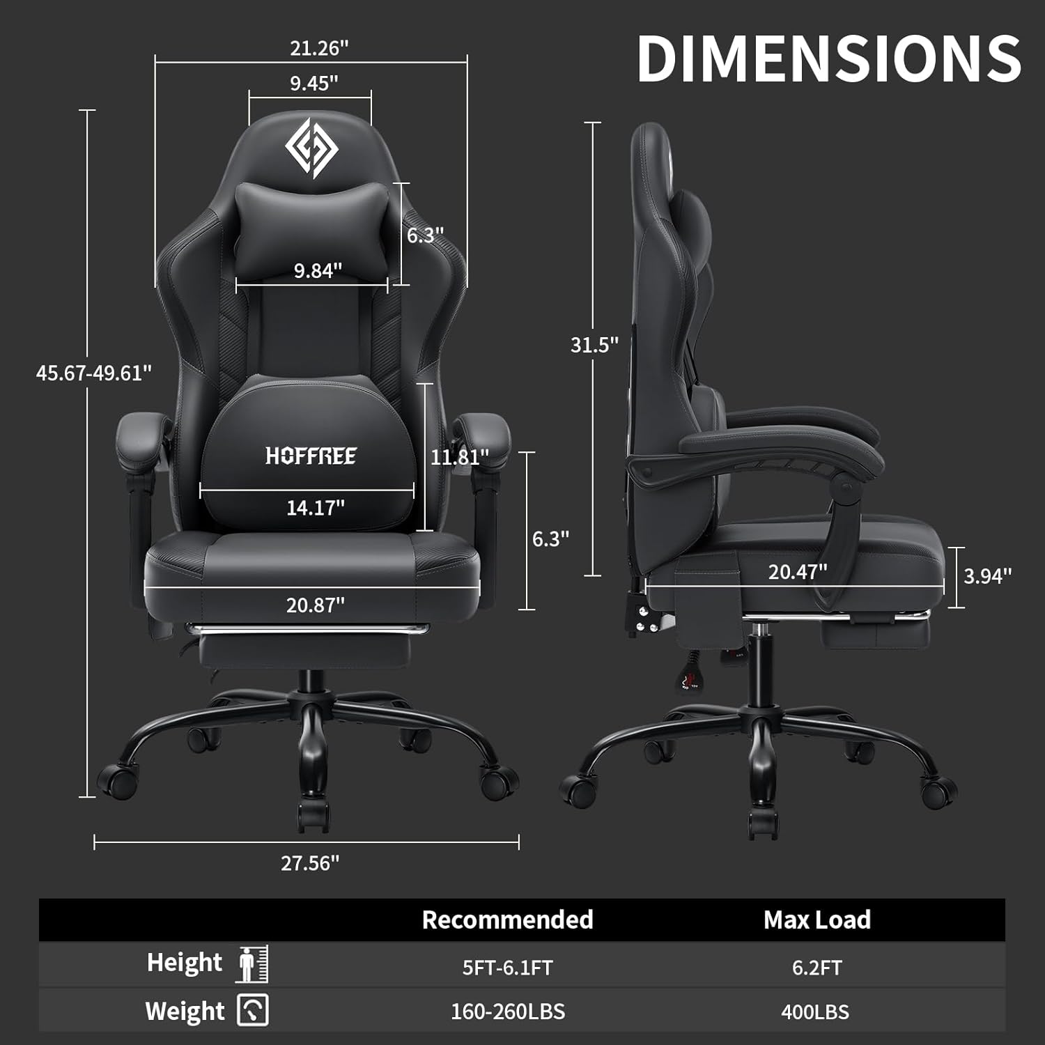 HOFFREE 3D Kneading Massage Gaming Chair with Heated Massage Lumbar Support Office Computer Chairs for Adults with Footrest Ergonomic Comfy Game Chair for Gaming Office, 400lbs, Grey