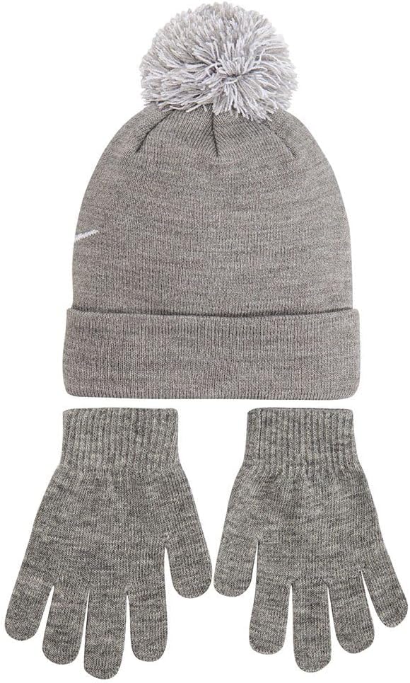 Kids' Nike Swoosh Pom Beanie Hat and Gloves Set (4/7, Dark Grey Heather(8A2695-042)/White)