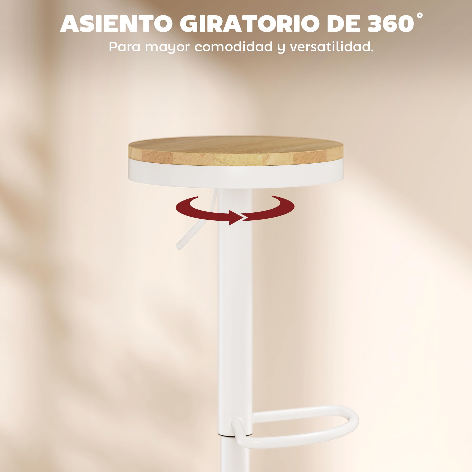 HOMCOM Juego de 2 Taburetes de Bar Giratorios Taburetes Altos de Cocina con Altura Ajustable 60-80 cm Asiento de Madera Marco de Acero y Reposapiés para Comedor Mostrador Natural y Blanco