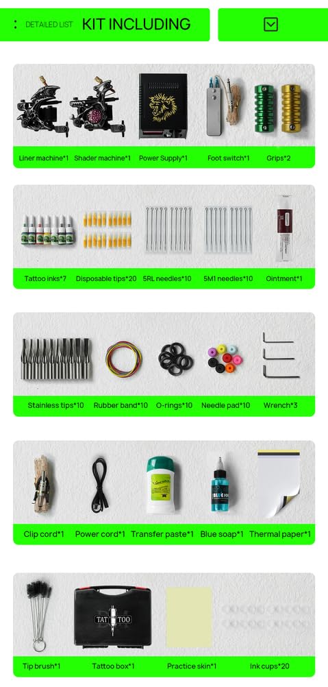 Complete Coil Tattoo Machine Kit - Dual Rotary Tattoo Gun Set for Lining and Shading with Power Supply, 7 Practice Inks, Grips, and Full Accessories