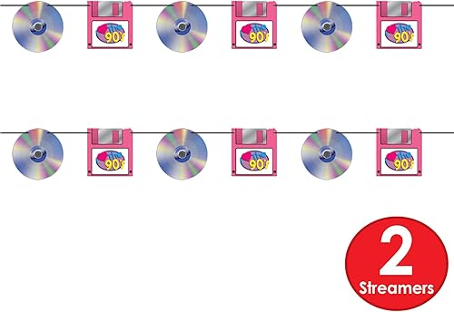 Miniatura 2 de Beistle 2 pancartas de papel de cartulina retro de los años 90 con temática de CD y disquete para decoraciones de fiesta de regreso a los 90, 7 x 5