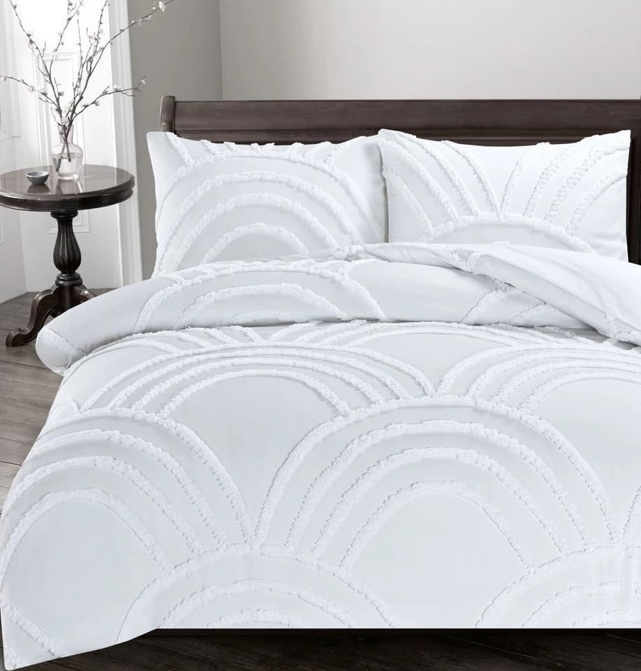 Sienna Shaun Zara Tufted Duvet Cover Set – Stylish Arch Design Soft Bedding in Green, Silver & White (White, Double)